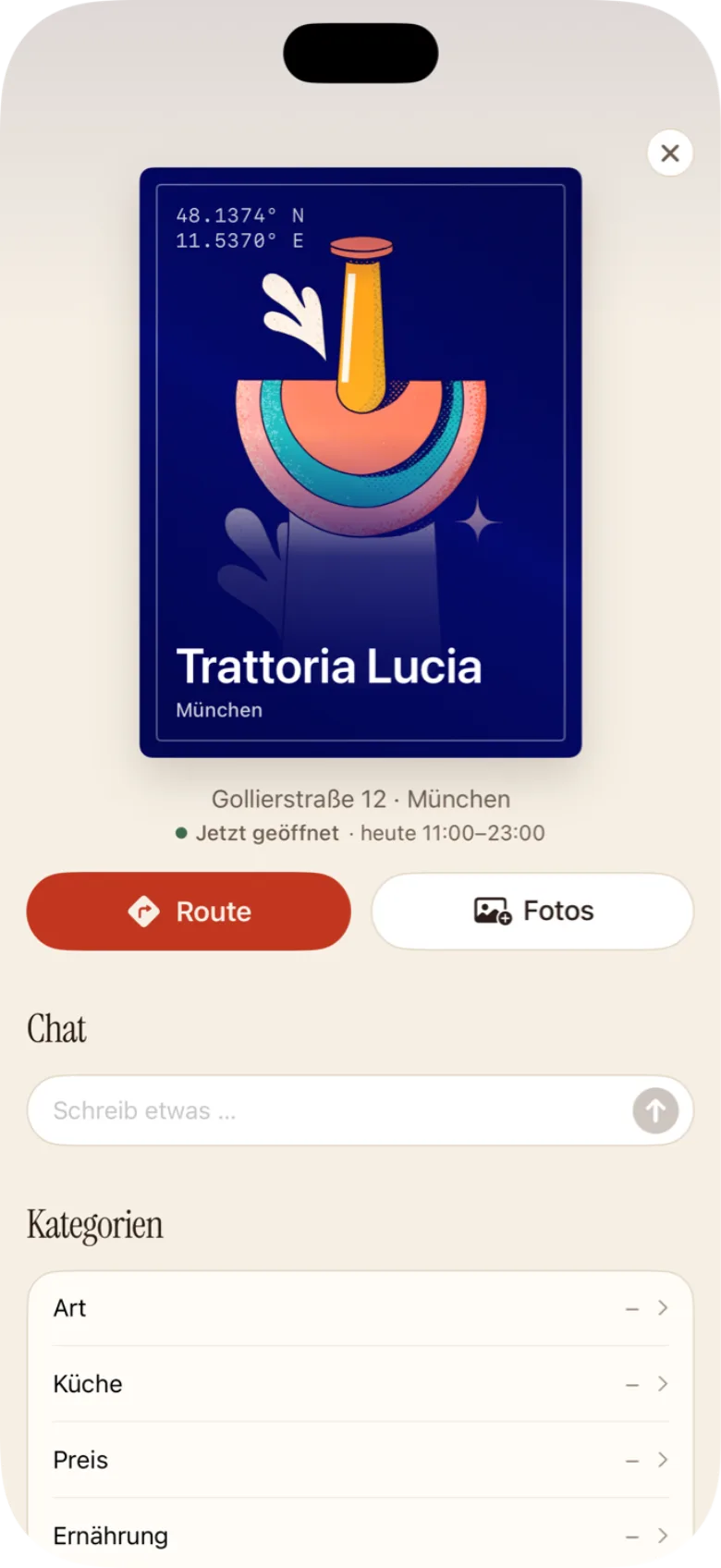 Ein Ort in der App mit Adresse, Öffnungszeiten und Kommentaren